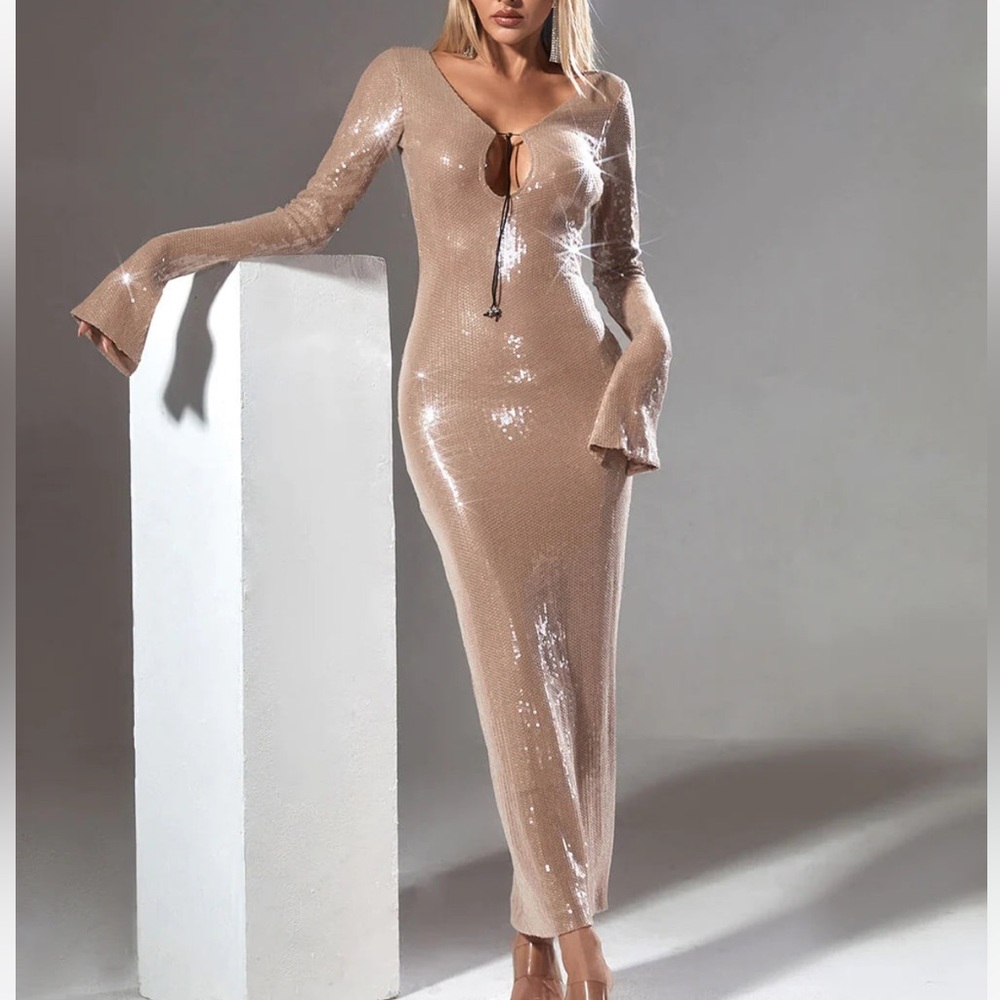 Sian Sequin Backless Maxi Dress In Apricot